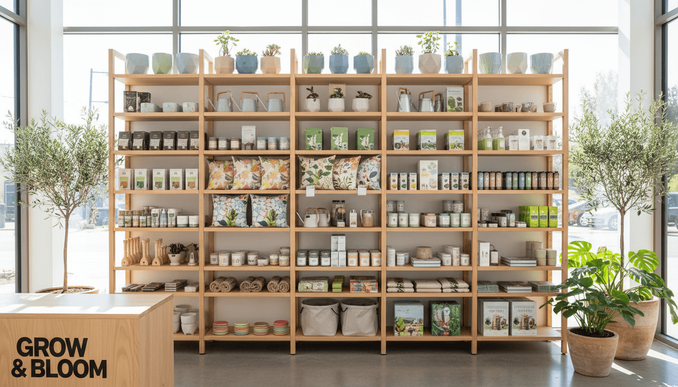 Curated home and garden products beautifully arranged on shelves with natural lighting