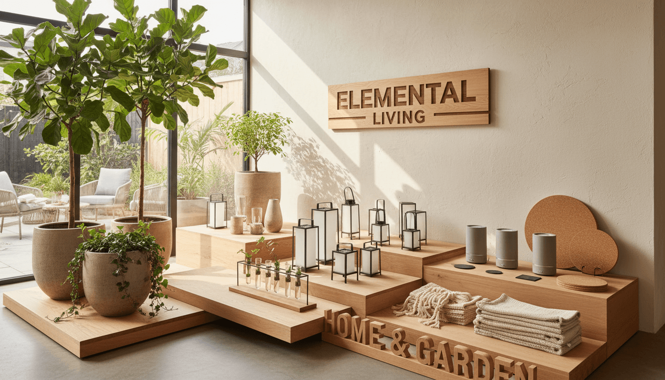 Curated home and garden products arranged on wooden display