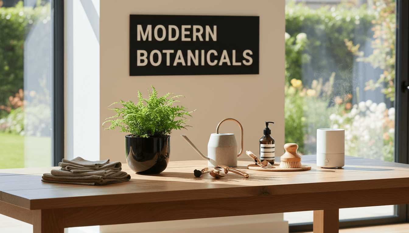 Curated home and garden products beautifully arranged on a bright wooden surface