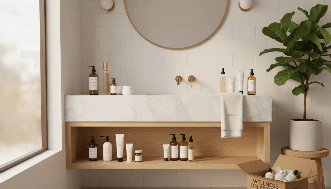 Curated selection of home and garden products arranged on shelving with natural light