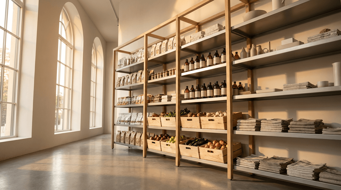 Curated home and garden products displayed on a clean wooden shelf